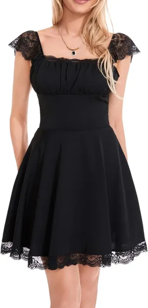 Women's Lace Trim Mini Dress Spaghetti Strap Square Neck Backless Ruched A Line Swing Dress Flowy Sexy Party Dress