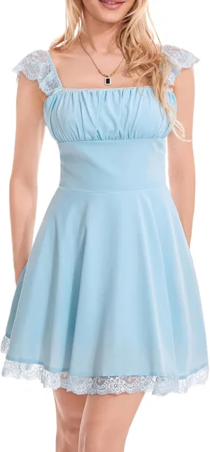 Women's Lace Trim Mini Dress Spaghetti Strap Square Neck Backless Ruched A Line Swing Dress Flowy Sexy Party Dress