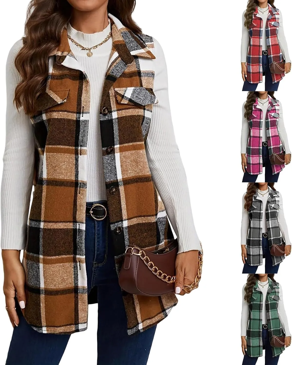 Women's Plaid Vest Button Down Sleeveless Shacket Shirt Jacket Wool Blend Buffalo Vest Lightweight Lapel Neck Coat