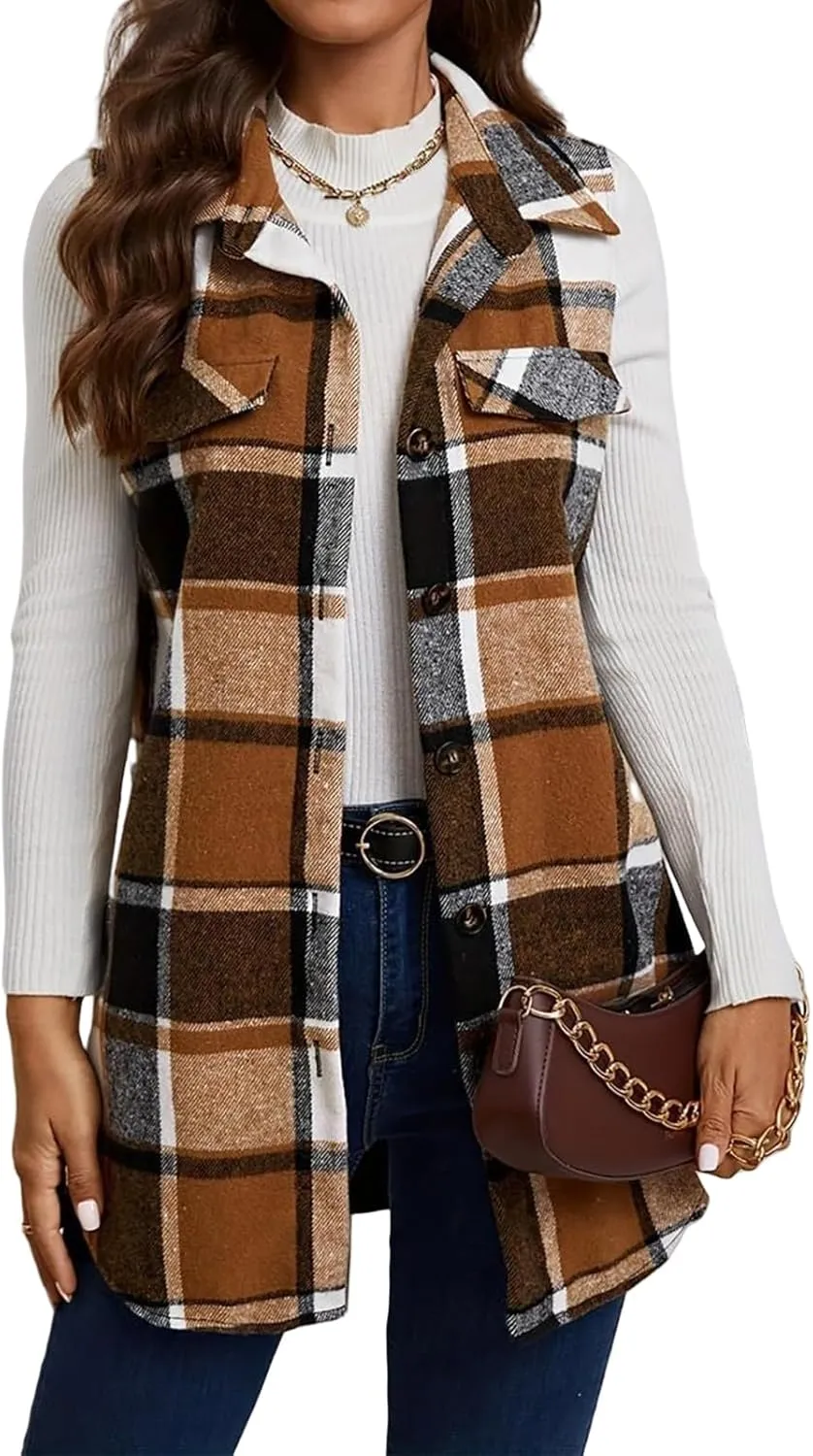 Women's Plaid Vest Button Down Sleeveless Shacket Shirt Jacket Wool Blend Buffalo Vest Lightweight Lapel Neck Coat