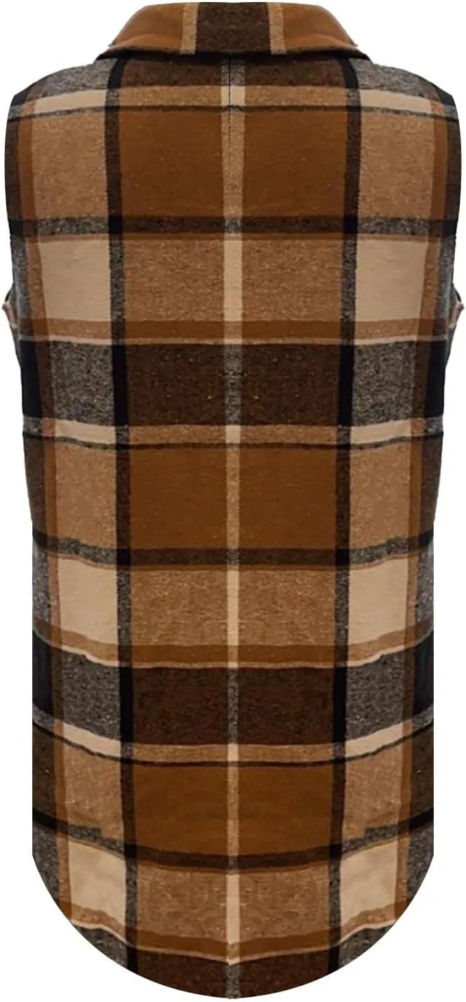 Women's Plaid Vest Button Down Sleeveless Shacket Shirt Jacket Wool Blend Buffalo Vest Lightweight Lapel Neck Coat