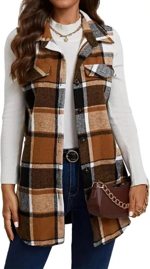 Women's Plaid Vest Button Down Sleeveless Shacket Shirt Jacket Wool Blend Buffalo Vest Lightweight Lapel Neck Coat