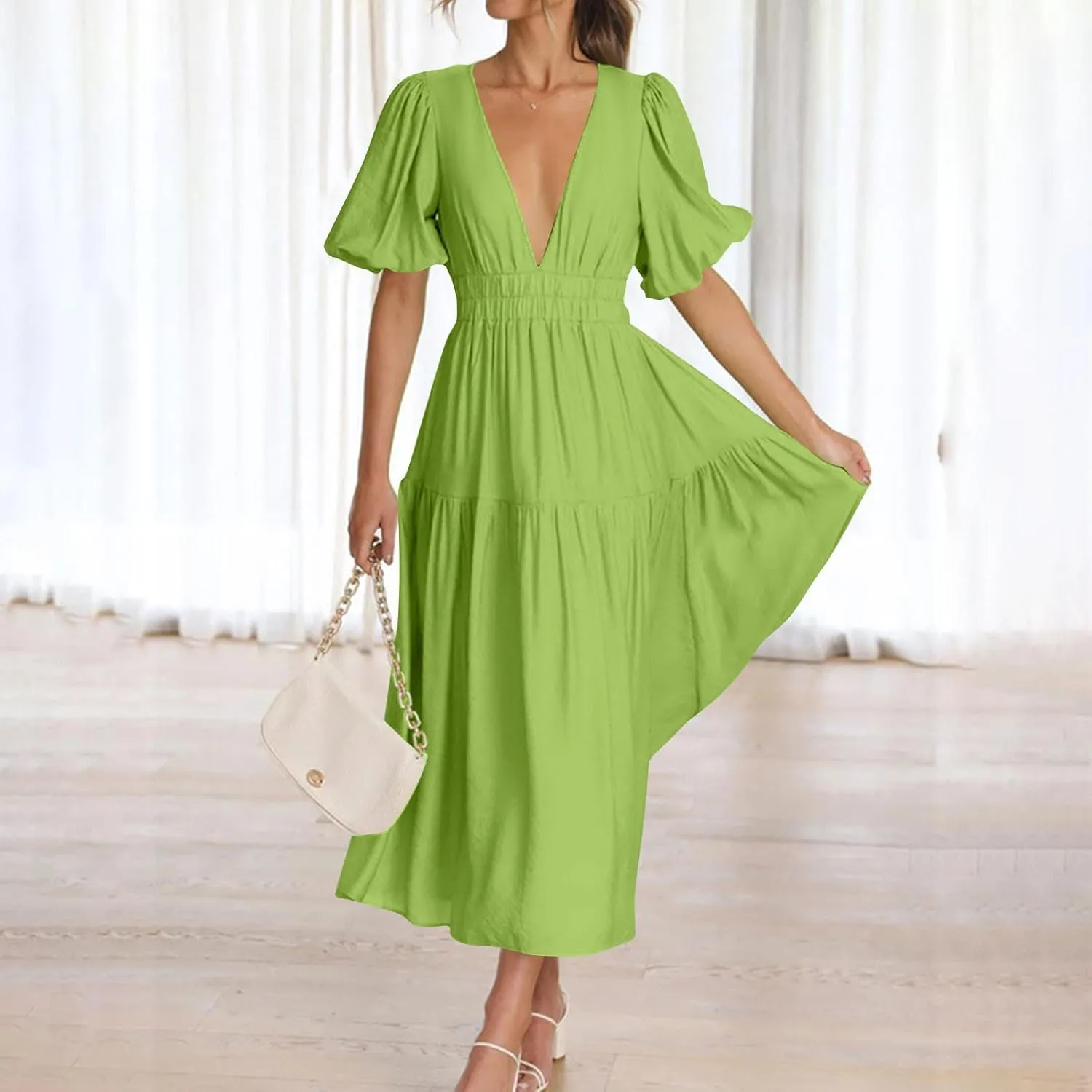 Women's Puff Sleeve Tiered Maxi Dresses Comfy V-Neck Flowy Sundress Empire Waist Pocket Casual Summer Elegant Soft Dress