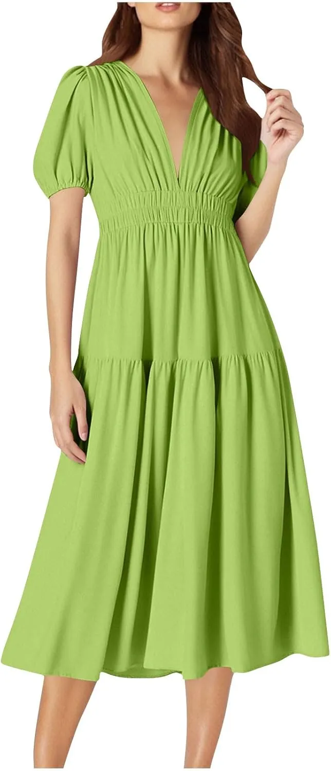 Women's Puff Sleeve Tiered Maxi Dresses Comfy V-Neck Flowy Sundress Empire Waist Pocket Casual Summer Elegant Soft Dress