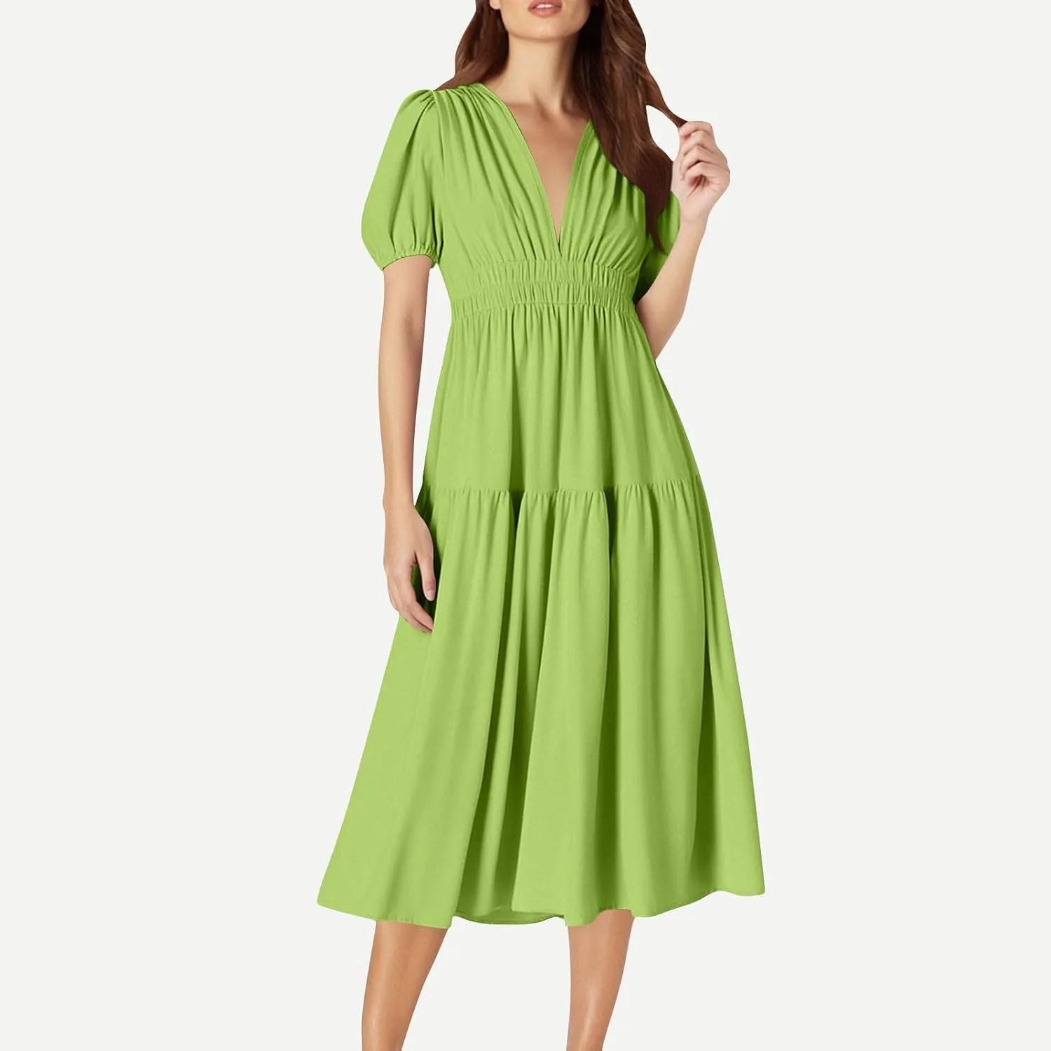 Women's Puff Sleeve Tiered Maxi Dresses Comfy V-Neck Flowy Sundress Empire Waist Pocket Casual Summer Elegant Soft Dress