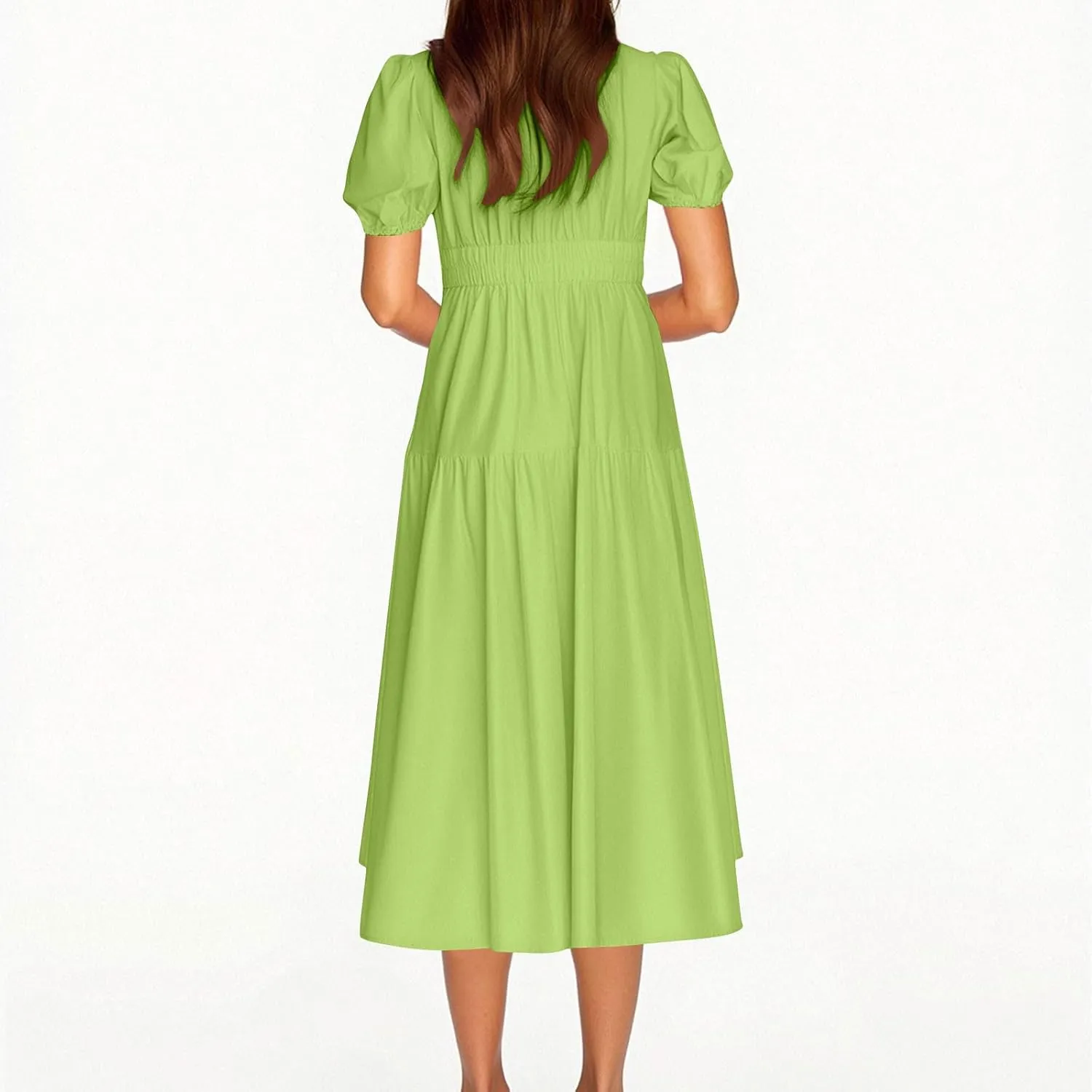 Women's Puff Sleeve Tiered Maxi Dresses Comfy V-Neck Flowy Sundress Empire Waist Pocket Casual Summer Elegant Soft Dress