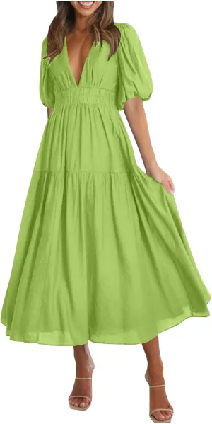Women's Puff Sleeve Tiered Maxi Dresses Comfy V-Neck Flowy Sundress Empire Waist Pocket Casual Summer Elegant Soft Dress