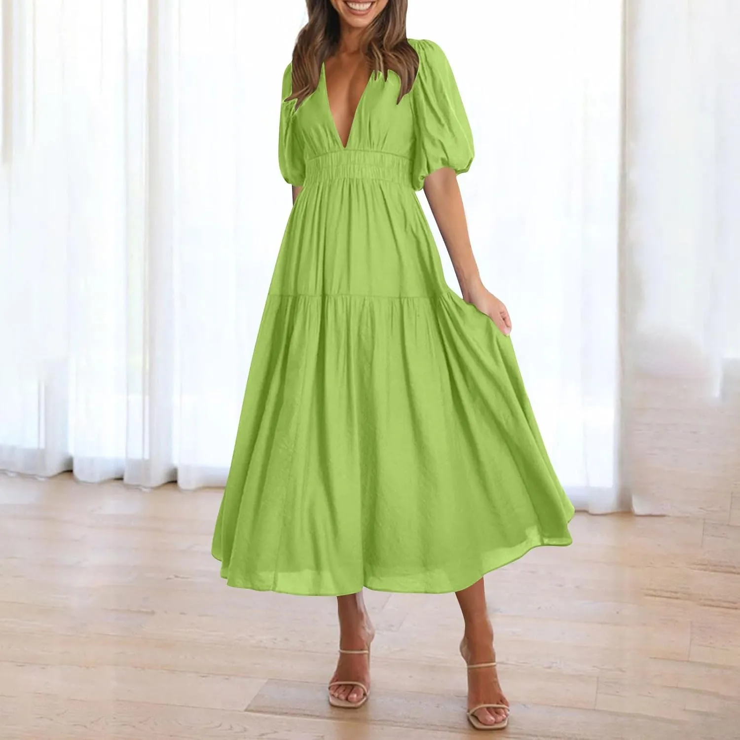Women's Puff Sleeve Tiered Maxi Dresses Comfy V-Neck Flowy Sundress Empire Waist Pocket Casual Summer Elegant Soft Dress