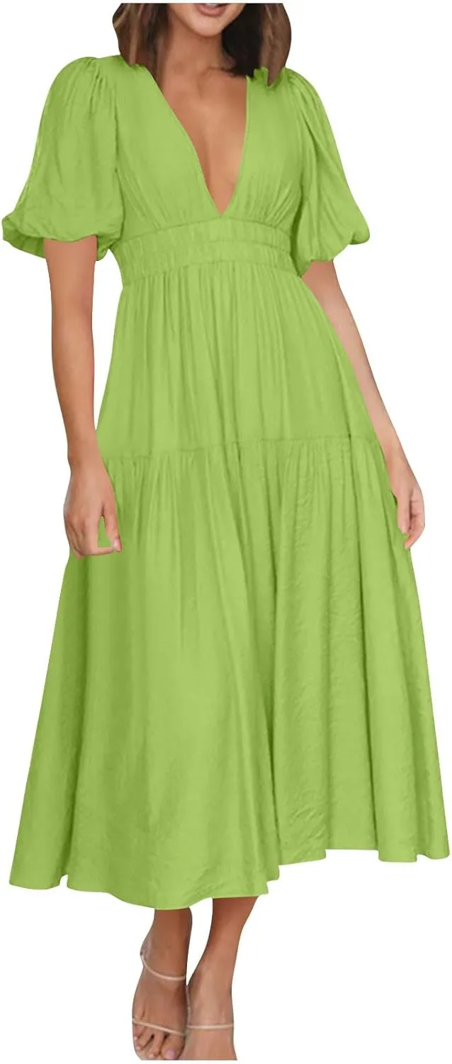 Women's Puff Sleeve Tiered Maxi Dresses Comfy V-Neck Flowy Sundress Empire Waist Pocket Casual Summer Elegant Soft Dress