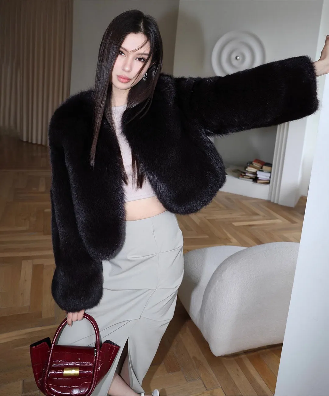 Women's Short Black Fox Fur Jacket