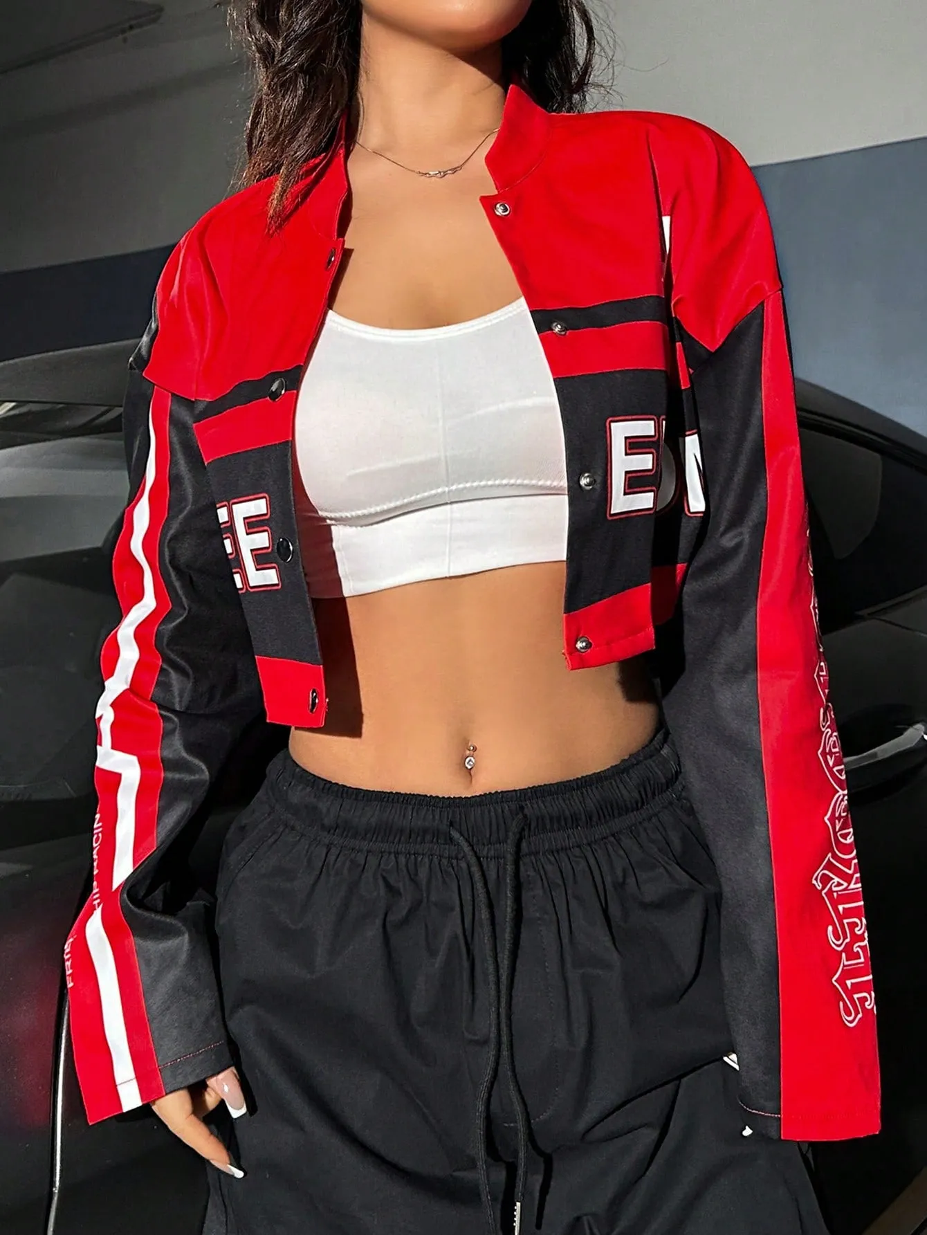 Women's Short Cool Motorcycle Jacket With Letter Print For Spring And Summer