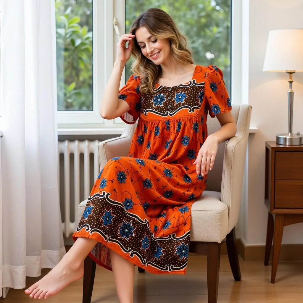 Women's Short Sleeve Coral Lounger House Dress - 3 Button Bib Yoke and Pockets