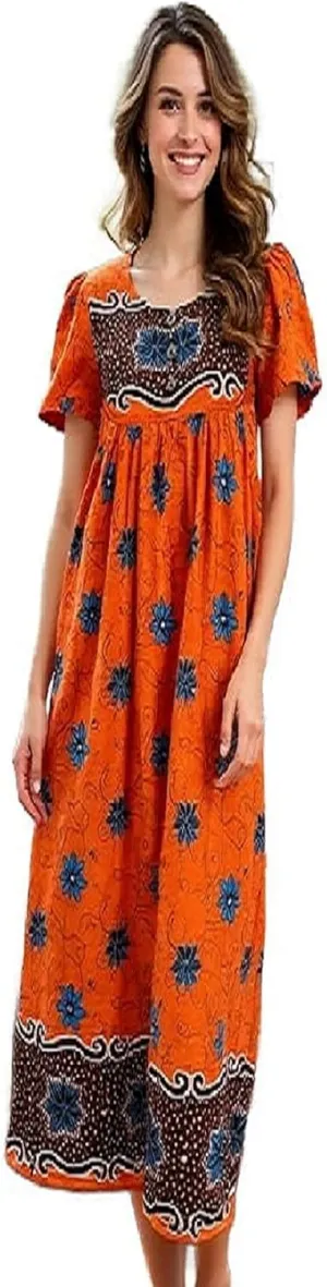 Women's Short Sleeve Coral Lounger House Dress - 3 Button Bib Yoke and Pockets