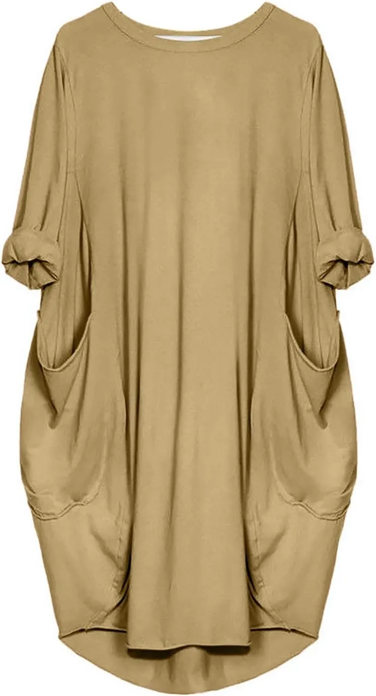 Women's Wife Mom Boss Tunic Dress Crew Neck Long Sleeve Oversize Baggy Causal Loose Midi Dresses with Big Pockets