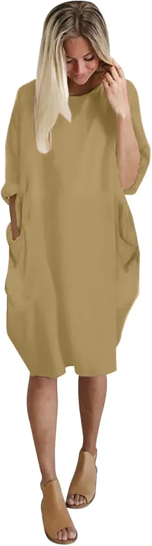 Women's Wife Mom Boss Tunic Dress Crew Neck Long Sleeve Oversize Baggy Causal Loose Midi Dresses with Big Pockets