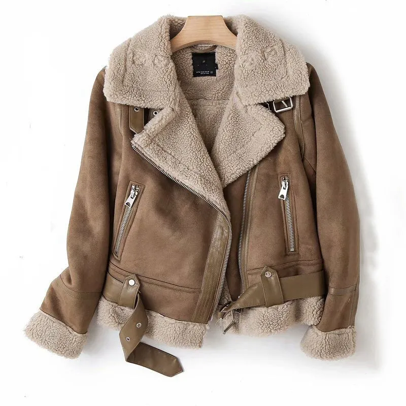 Women’s Winter Lapel Suede Lamb Wool Warm Coat