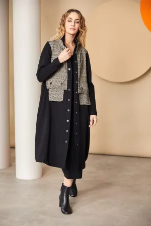 Wool Mix Coat/Contrast Bottom in Black/Butter