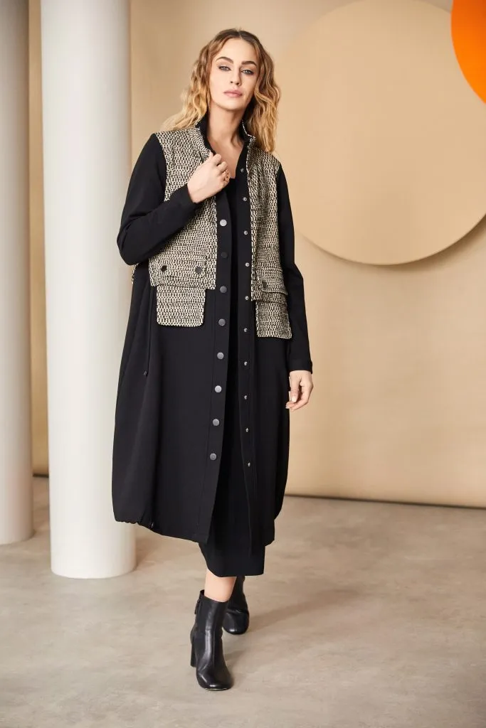Wool Mix Coat/Contrast Bottom in Black/Butter
